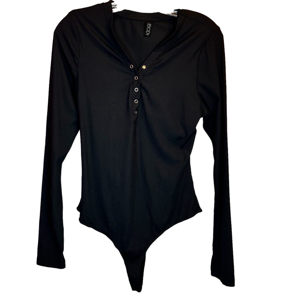 Body One Piece Body Suit Black Open Back Snap Button Large